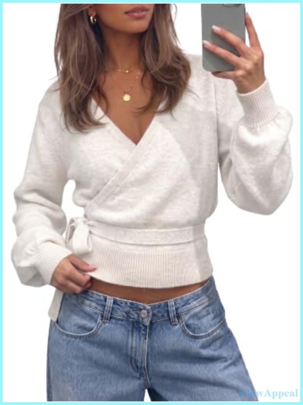 Women's V Neck Wrap Cardigan Sweater Tie Belt Long Lantern Sleeve Slim Fit Knit
